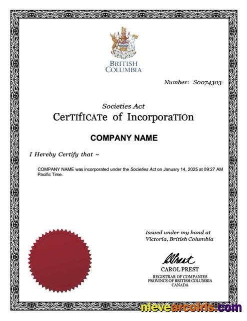 British Columbia certificate of incorporation
